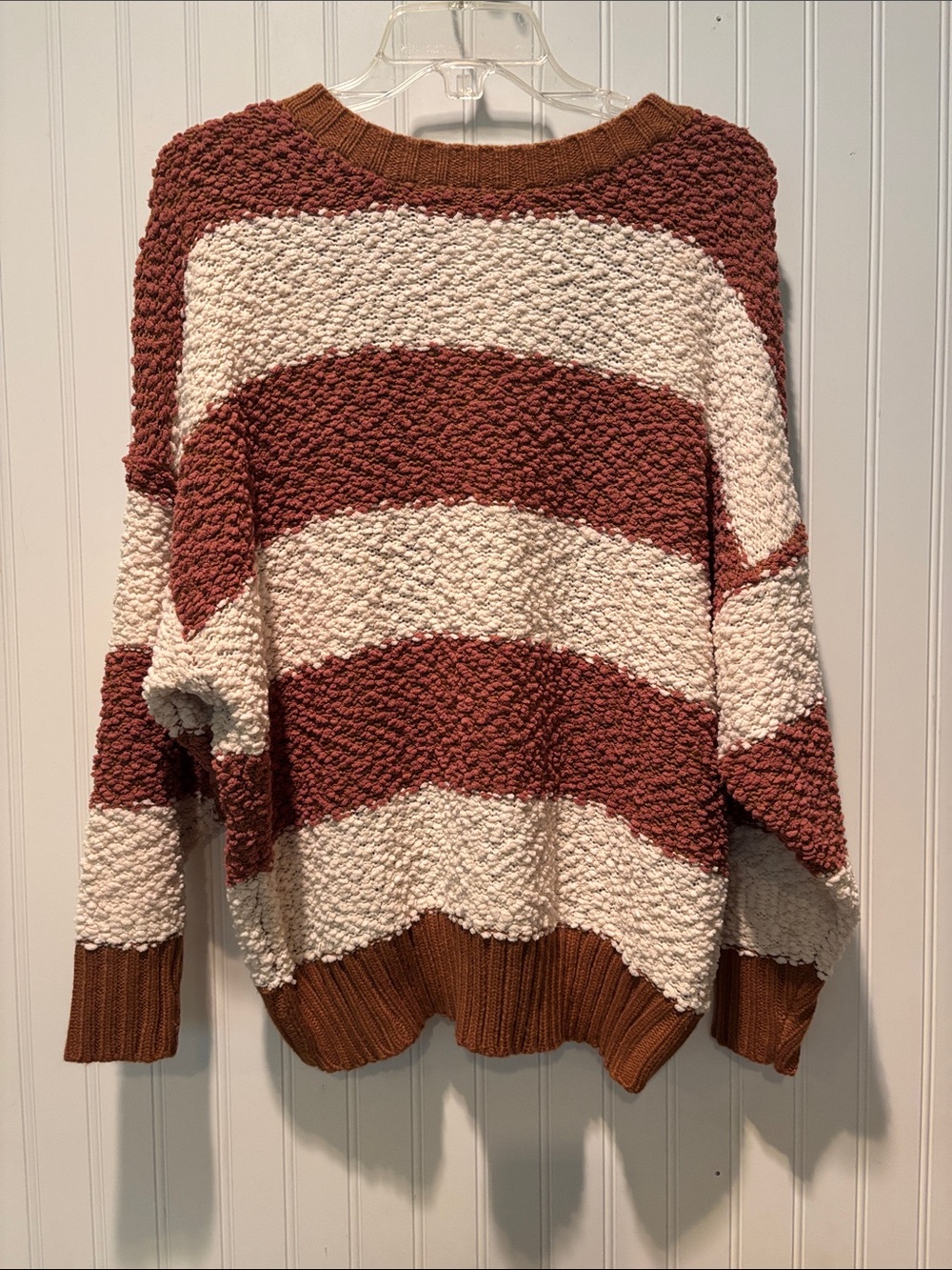 Entro Chunky Knit Striped 3/4 Sleeve Rust and Cream Sweater Sz S